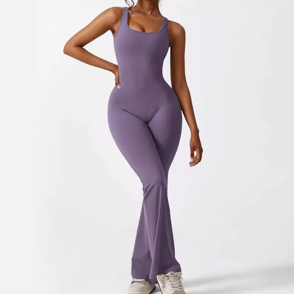Women's sleeveless flare leg jumpsuit for yoga in high-elasticity polyester fabric.