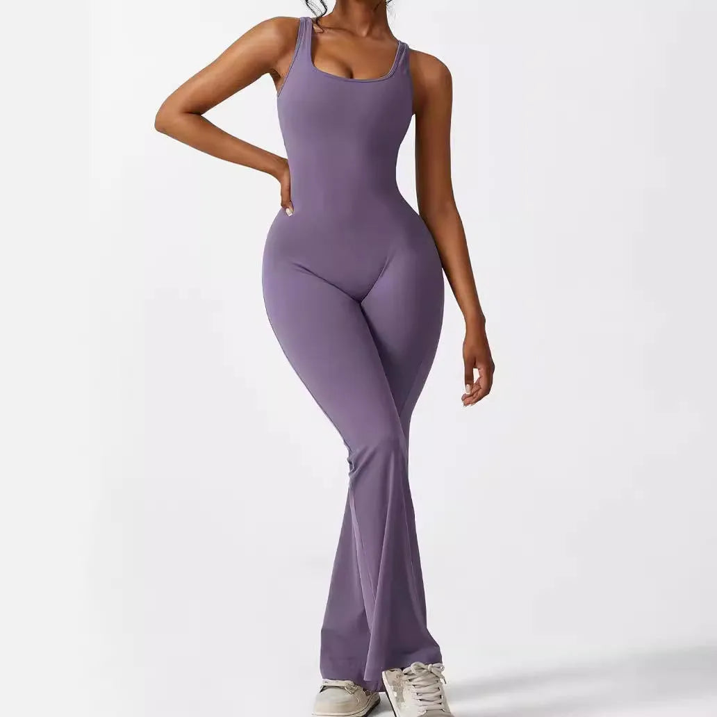 Women's sleeveless flare leg jumpsuit for yoga in high-elasticity polyester fabric.