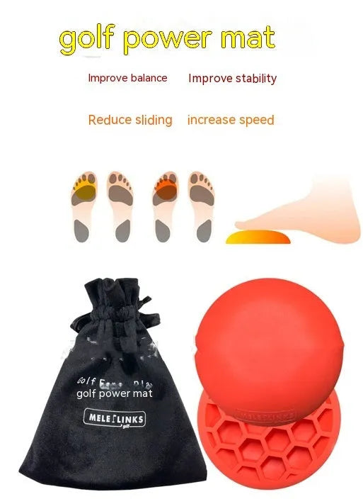 Orange golf training mat with centre of gravity zone for swing strength practice