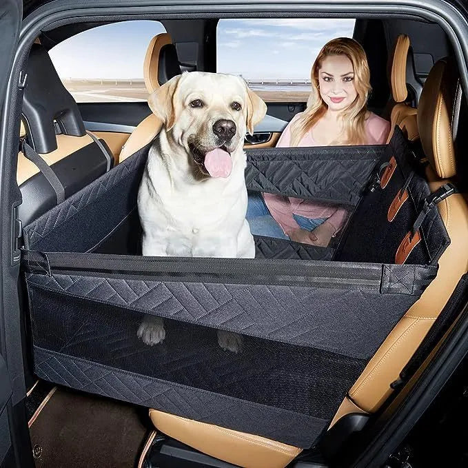 Grey water resistant raised dog bed measuring 56 by 56 by 40 centimetres.