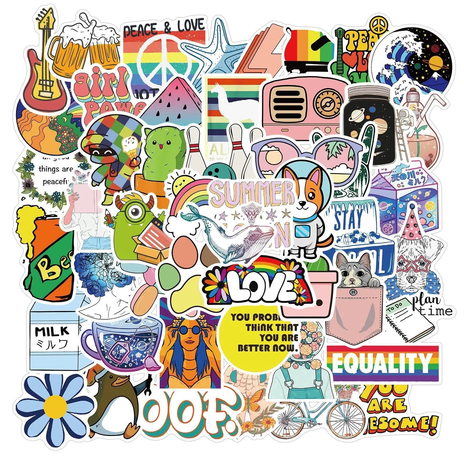 50 cartoon PVC waterproof stickers in assorted graffiti styles including astronaut, drink, and animal designs on a white background