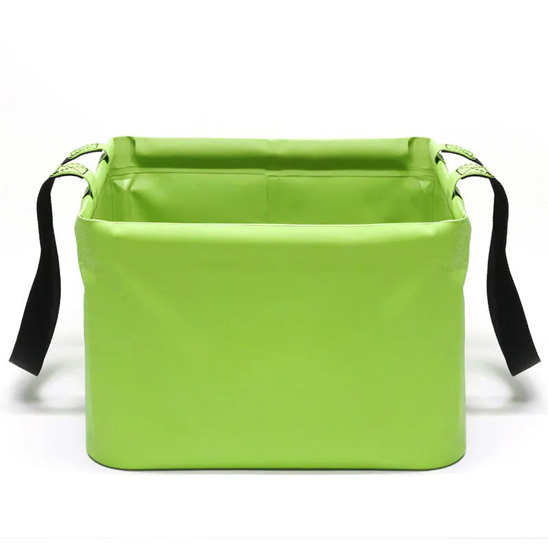 Square folding fishing bucket in outdoor setting, multi-colour coated design with handle