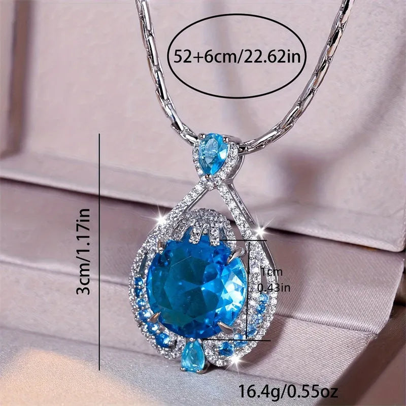 Blue geometric gem pendant necklace with water wave chain for women