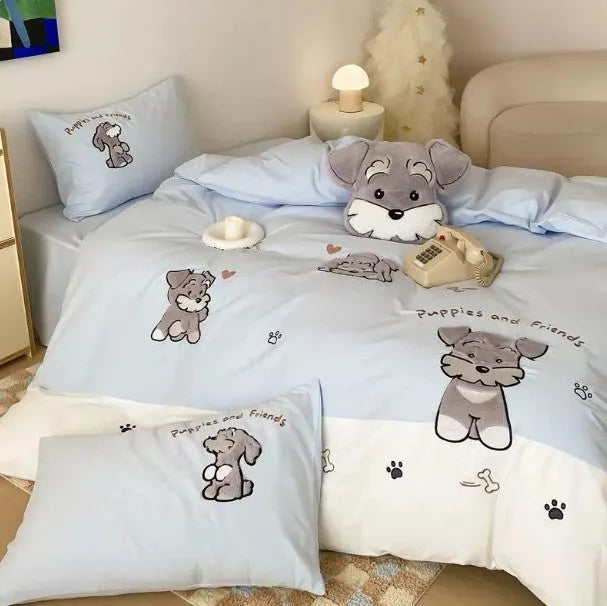 Cartoon Schnauzer embroidered cotton bedding set showing quilt cover, flat sheet and pillowcases