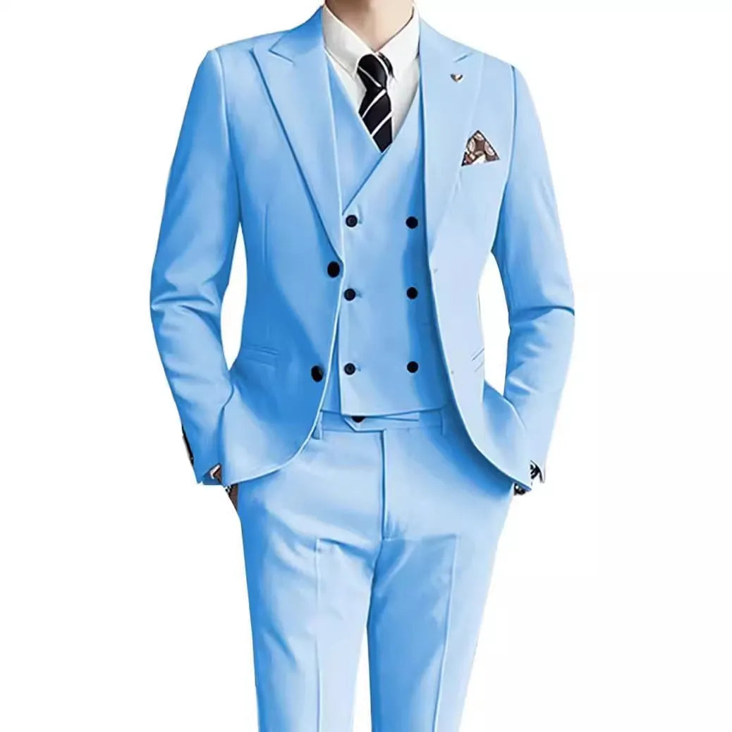 Men's three-piece suit set in linen blend fabric with jacket, waistcoat, and trousers, colour silver grey, front view