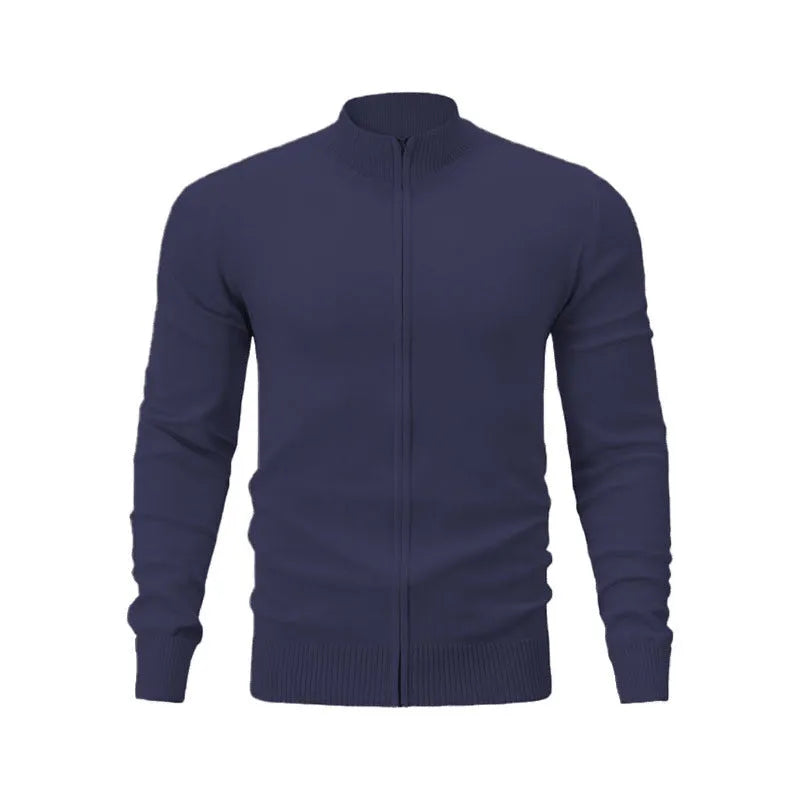 Casual stand collar zip-up sports sweater in a solid colour, shown on a model.