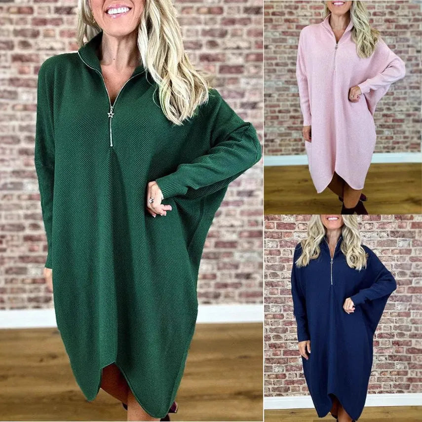 Women's solid colour knitted dress with front zipper and loose fit in dark green