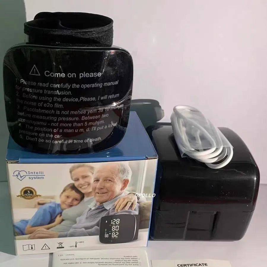 Black rechargeable wrist blood pressure monitor with USB charging cable