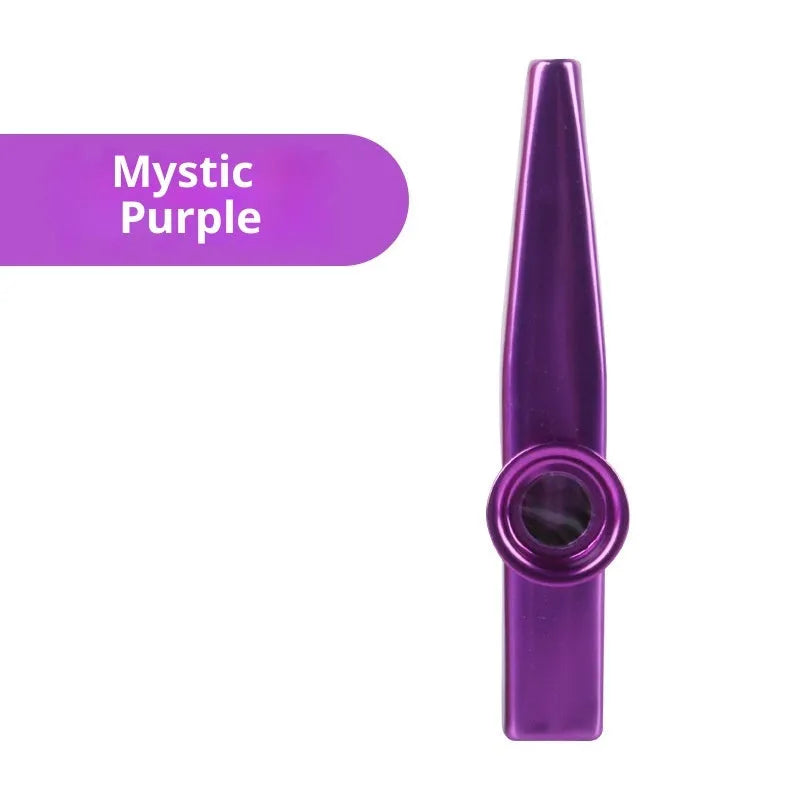 Metal kazoo in Flame Red with paper tube against a white background