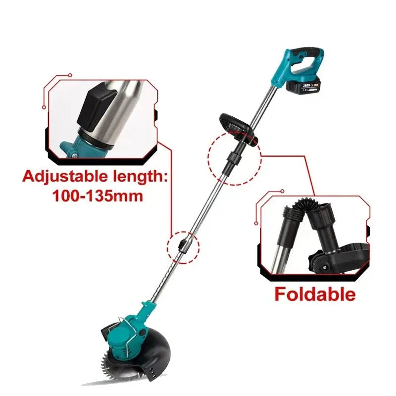 Folding electric lawn mower with telescopic handle and three interchangeable blades on green background