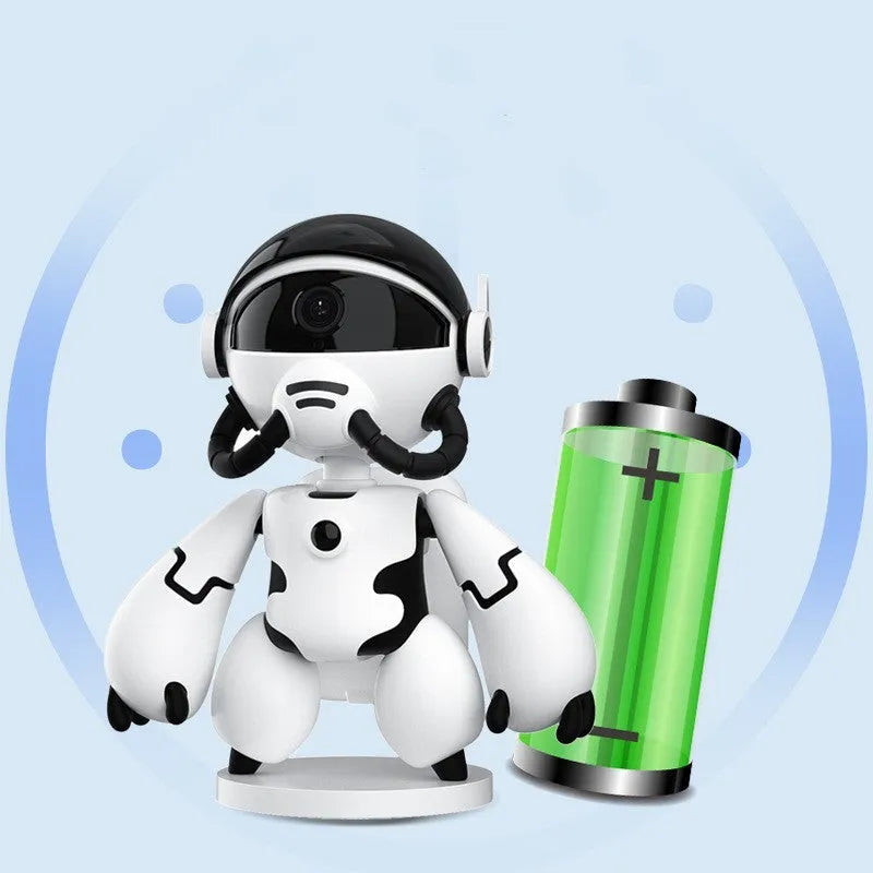 White indoor security camera with wide-angle lens on a detachable stand, for home monitoring.