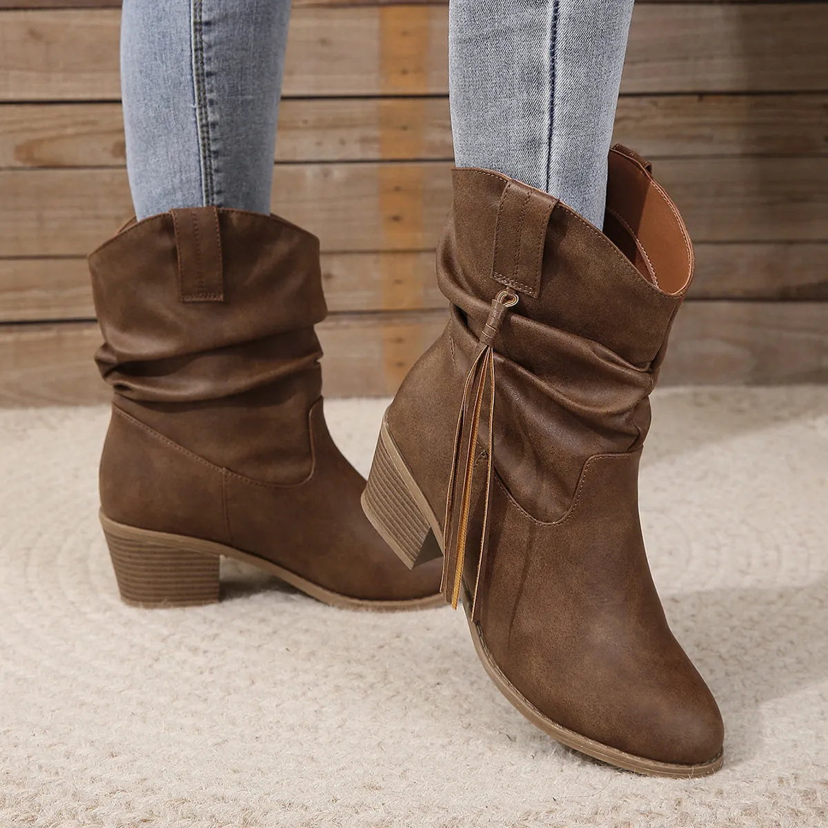 Retro tassel boots winter thick square heel mid-calf knight western woman dark brown faux leather