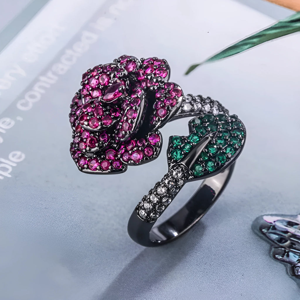 Black gold geometric flower ring with simulation red corundum on copper