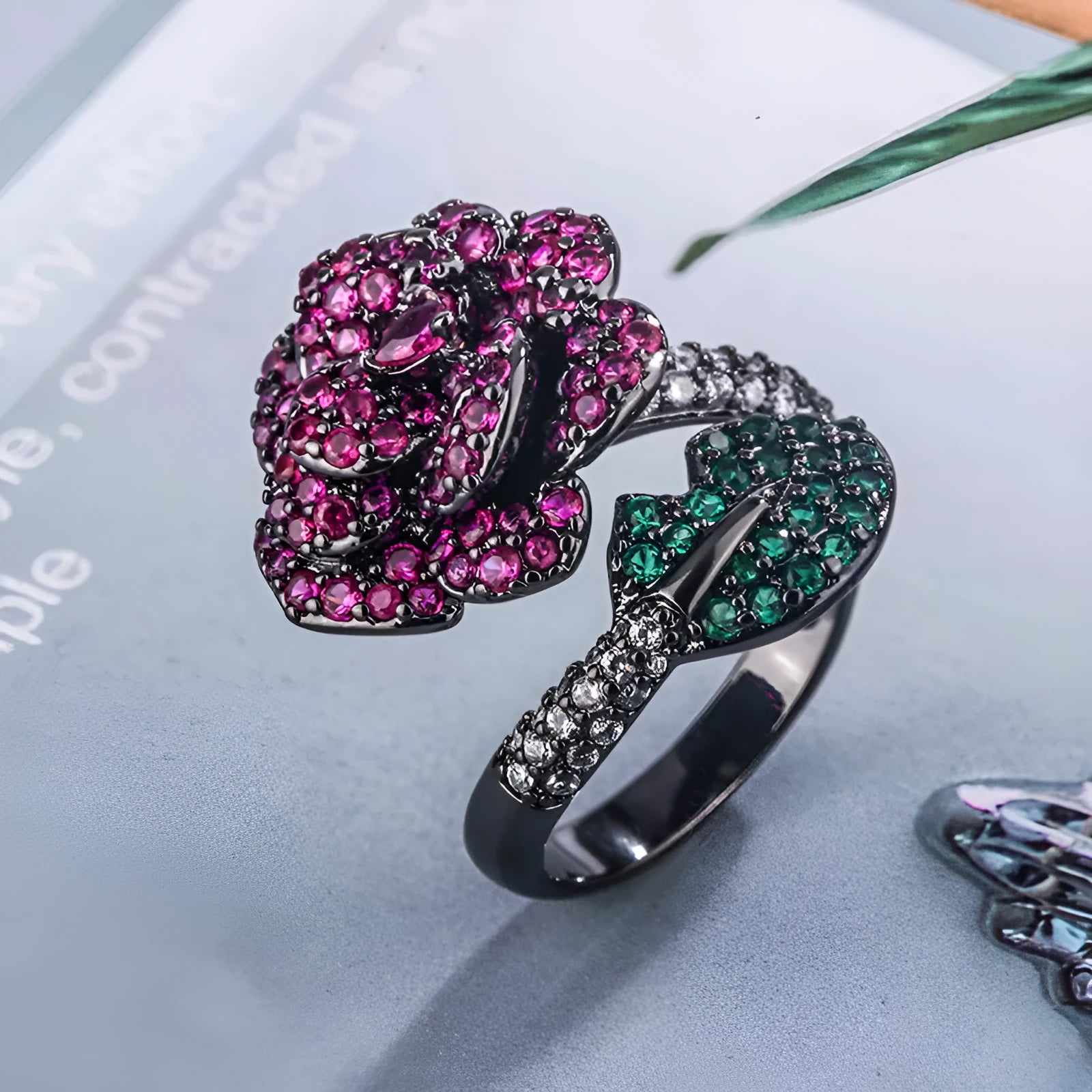 Black gold geometric flower ring with simulation red corundum on copper