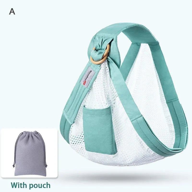 Baby wrap carrier sling in blue-green cotton mesh fabric, adjustable for newborn to 36 months, 50kg capacity