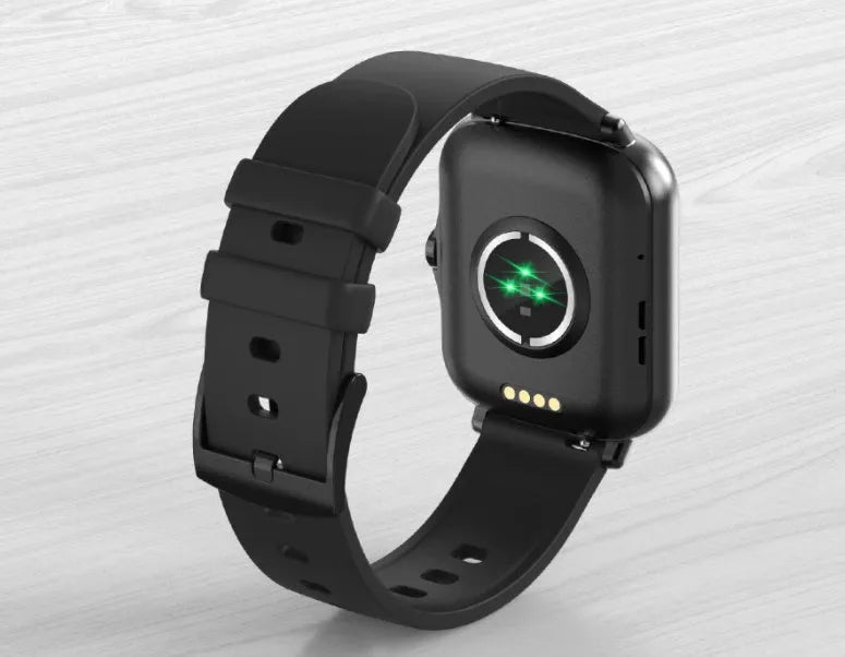 Blue smart sports watch with 1.7-inch touch screen on adjustable strap showing fitness tracking display