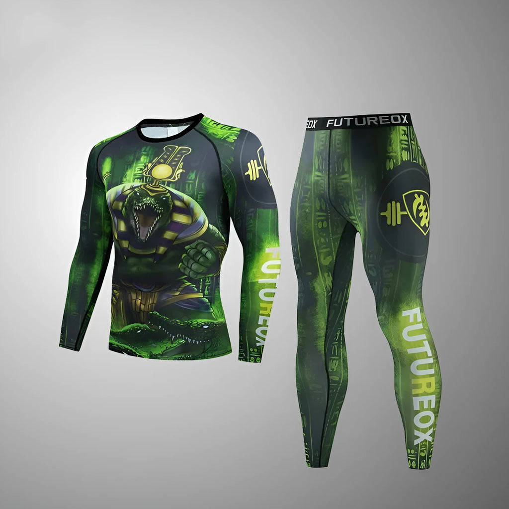 Man wearing a slim-fit, long sleeve printed sports suit for running or fitness training.