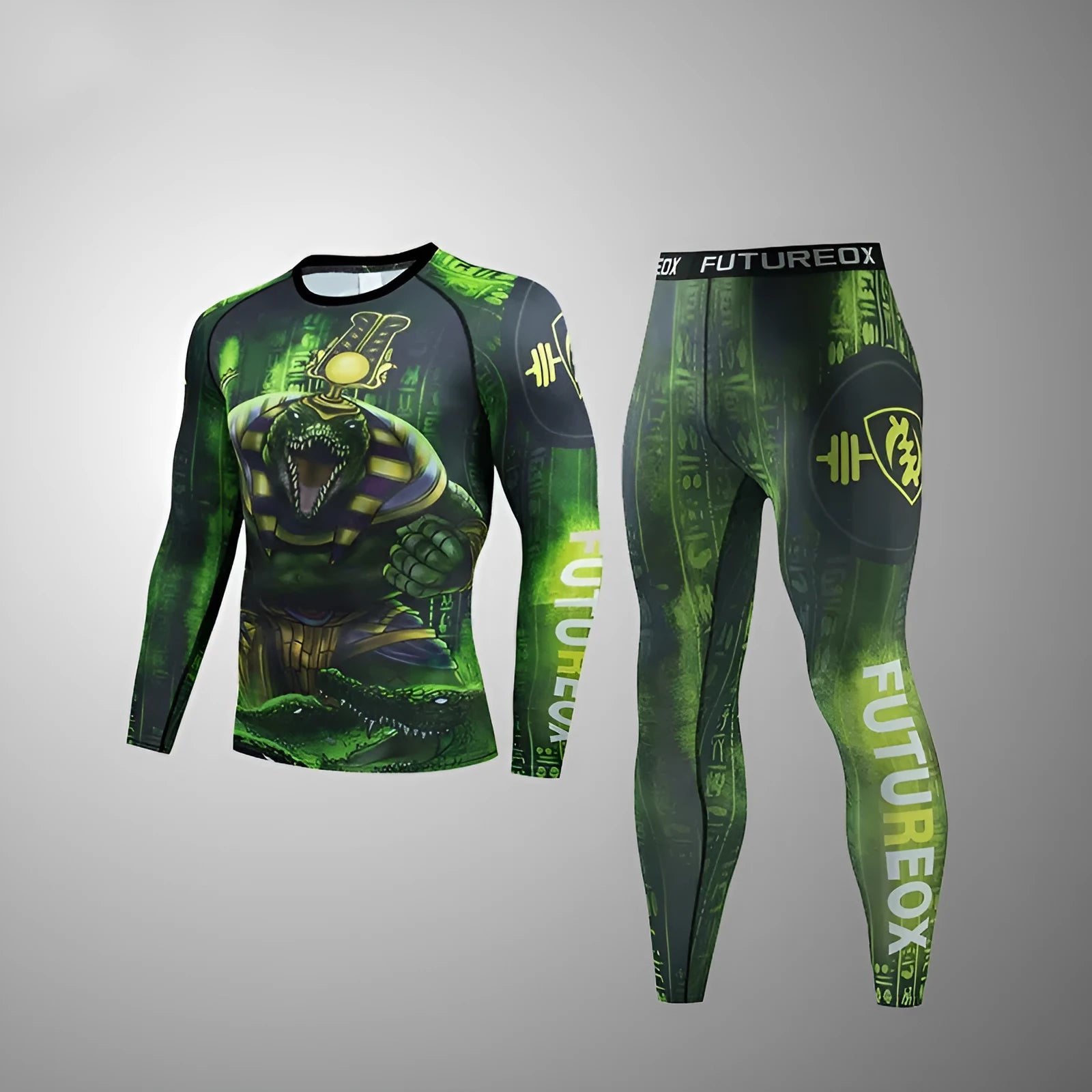 Man wearing a slim-fit, long sleeve printed sports suit for running or fitness training.