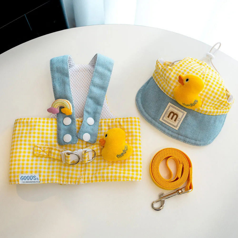 Adjustable pet harness and leash set with cotton cat clothes outfit, cute hat, and wire rope pulling toy