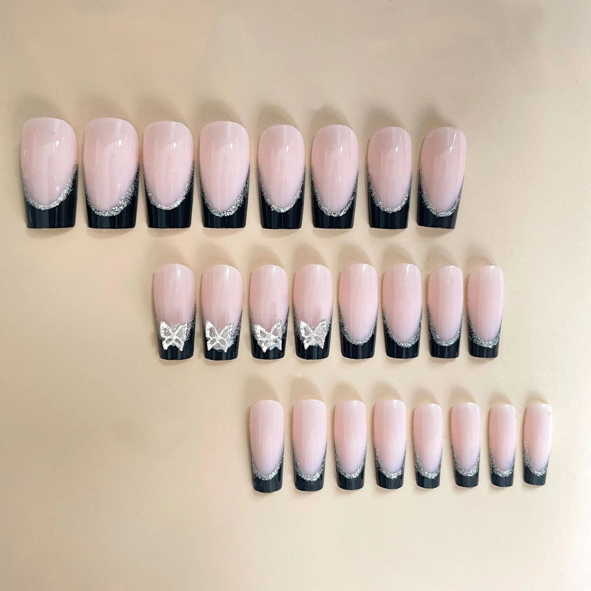 Black French style thin glittering butterfly pattern artificial nail armour set in medium wearable size