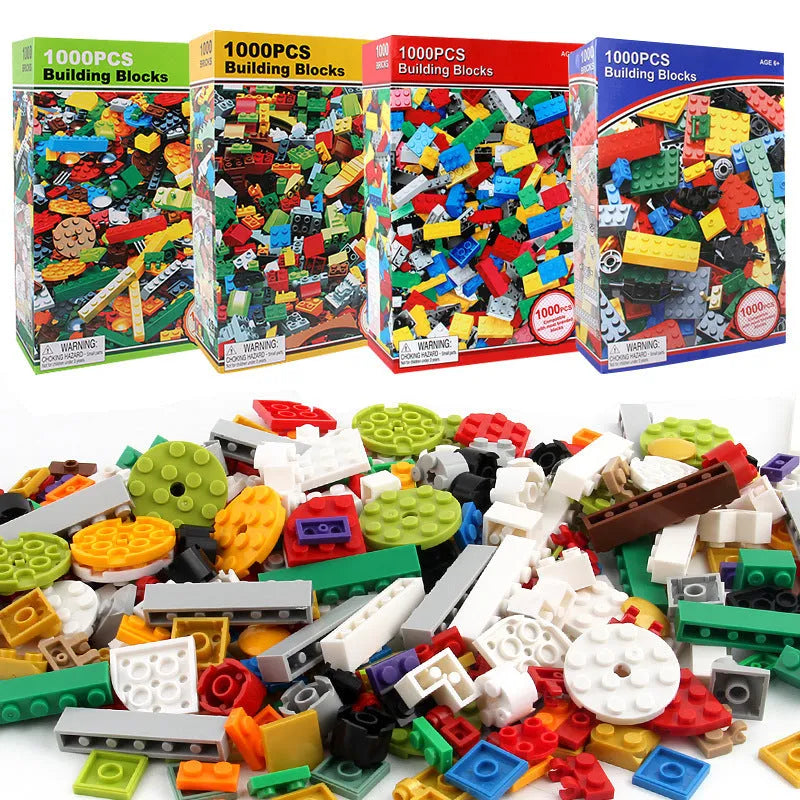 1000 red ABS plastic granular building blocks in a bulk box for creative construction play