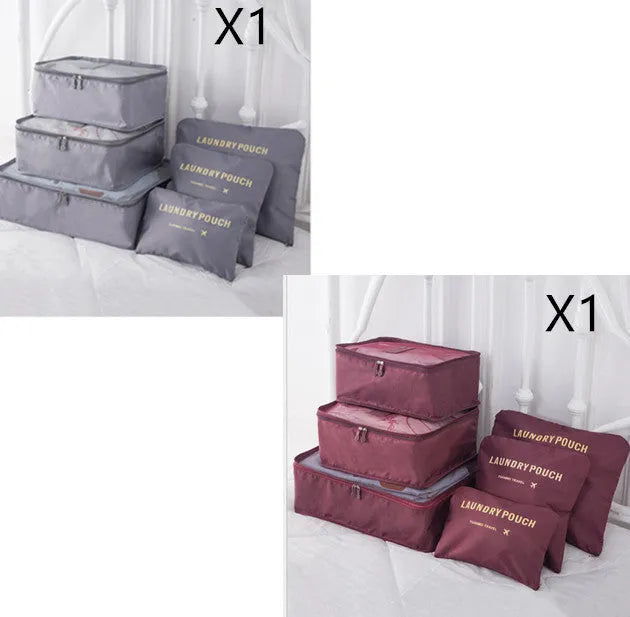6 piece polyester travel storage bag set in hand bag type shape for clothes and cosmetic organisation, various colour options