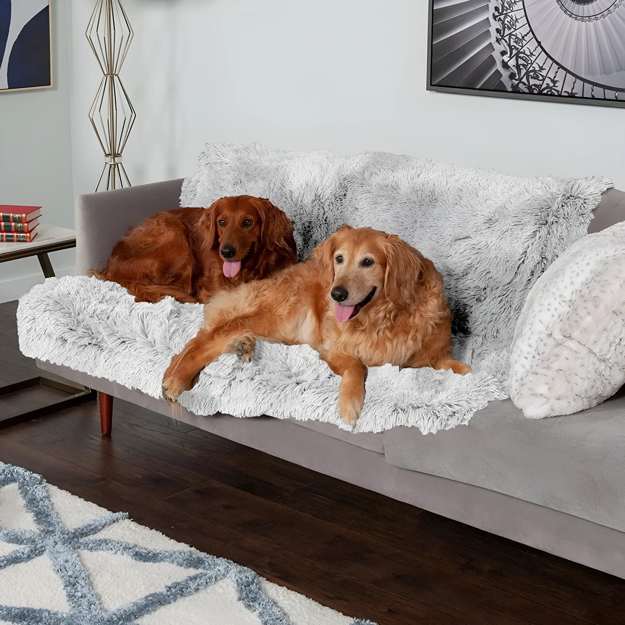 Plush waterproof dog cushion with a washable cloth cover in dark grey, shown in L size 100x150cm.