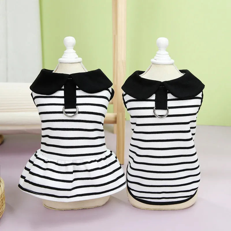 Cotton pet T-shirt and skirt summer outfit set for dogs and cats in striped design