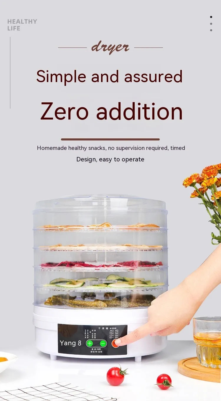 Household food dehydrator appliance with multiple stacked drying shelves on a countertop