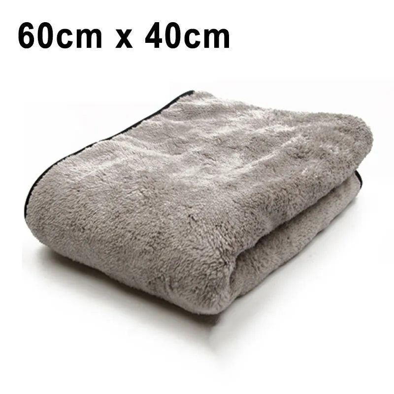 Microfiber car wash towel shown in three size options: 75cm by 35cm, 60cm by 40cm, and 100cm by 40cm.