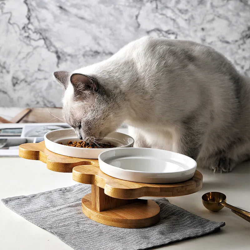 Ceramic cat bowl set on wood base with two bowls, 31.8cm, Grey Cat style