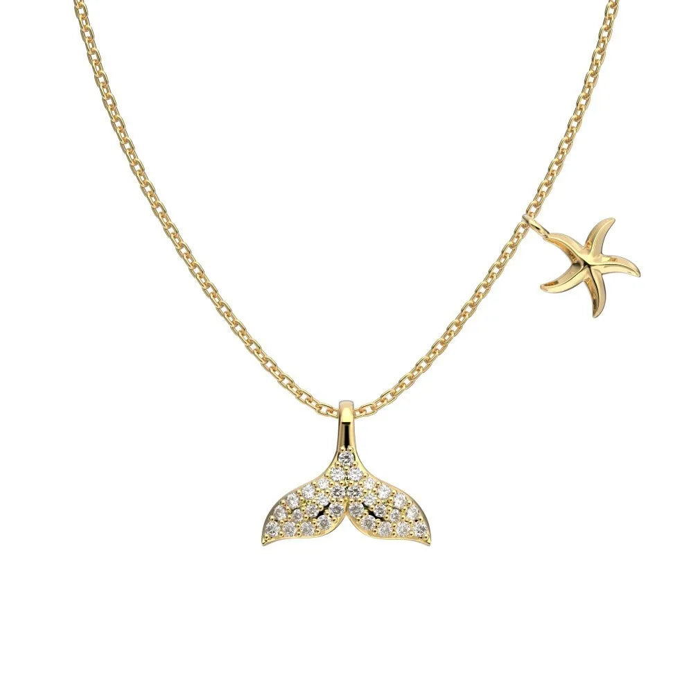 S925 sterling silver mermaid tail necklace with micro inlaid zircon starfish pendant on O-ring chain