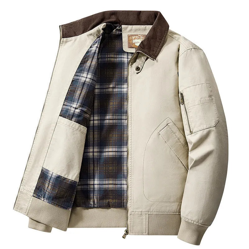 Men's plus size washed cotton baseball jacket shown in available colours