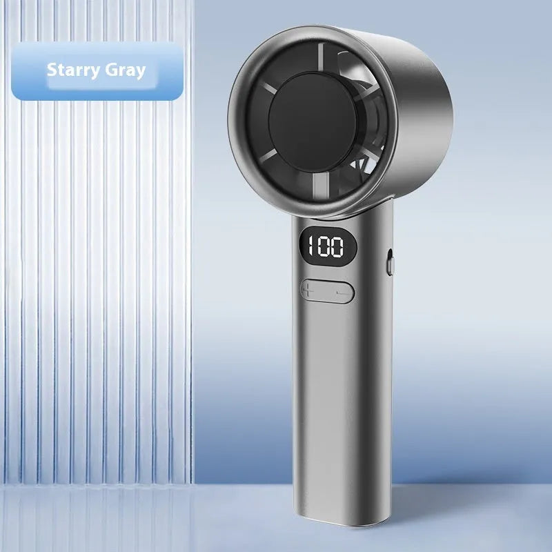Handheld USB fan with variable speed control showing colour options: green, khaki, silver and white