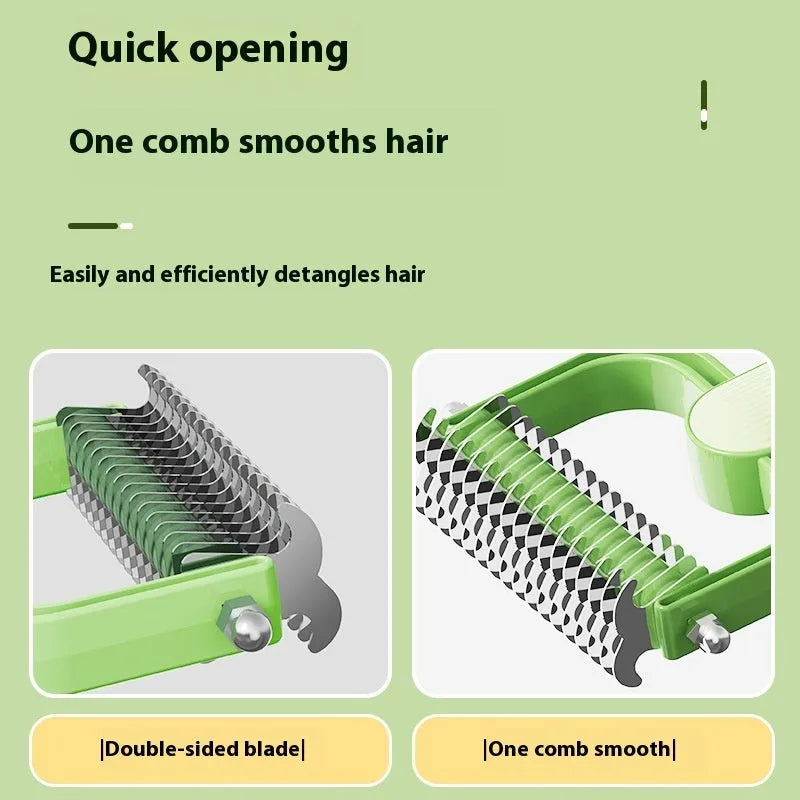 Green pet detangling comb with stainless steel teeth and plastic handle