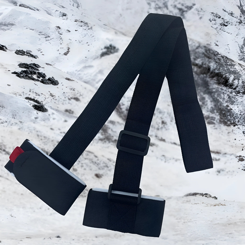 Adjustable hook and loop skiing bandage with shoulder strap in black, blue, pink, and red options.