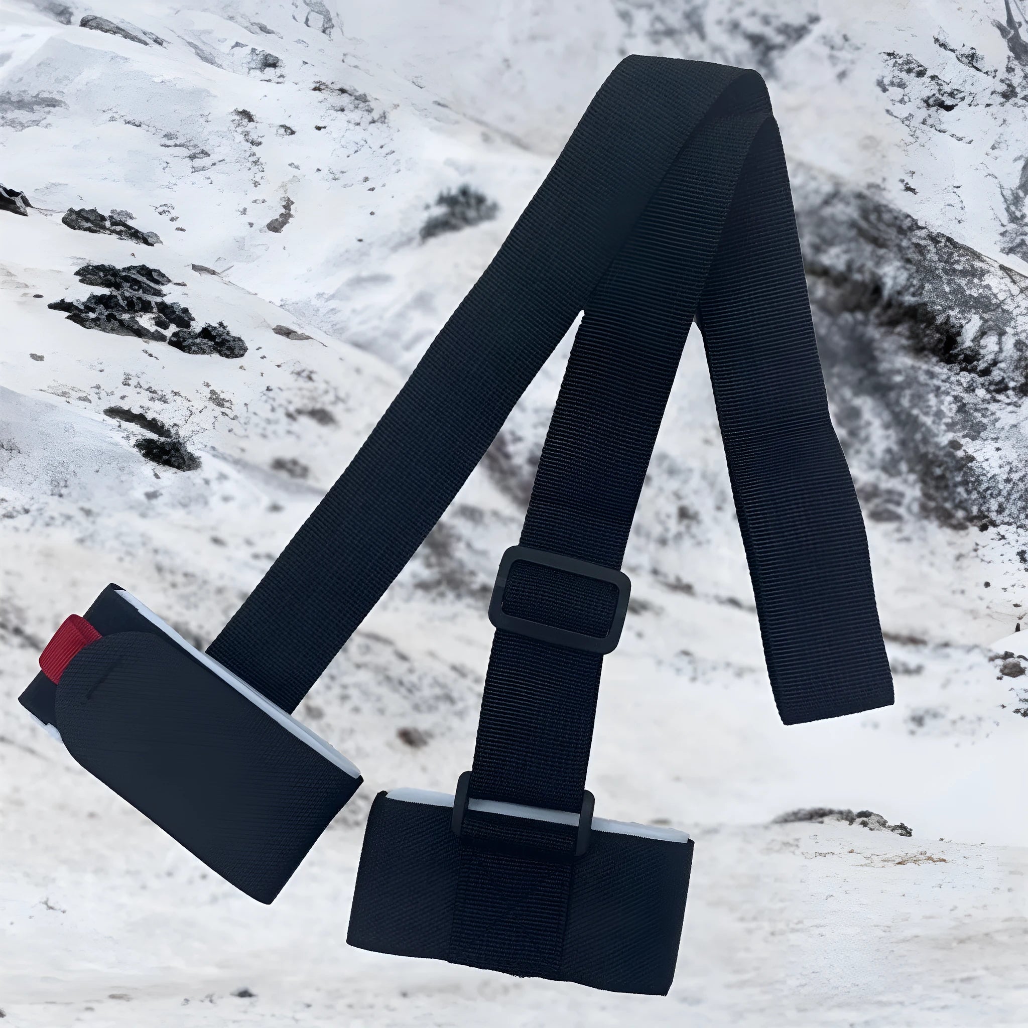Adjustable hook and loop skiing bandage with shoulder strap in black, blue, pink, and red options.