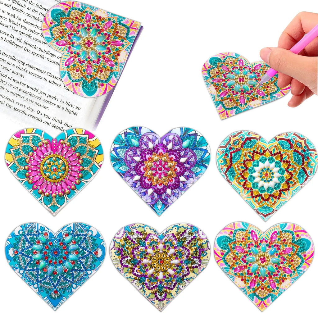 Six handmade PU leather bookmarks with crystal decorations and floral painted designs