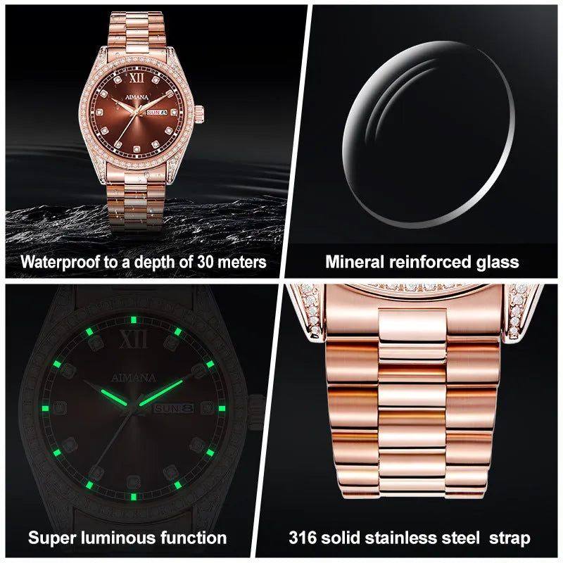 Log Series silver case quartz women's watch with diamond disc dial and steel strip bracelet