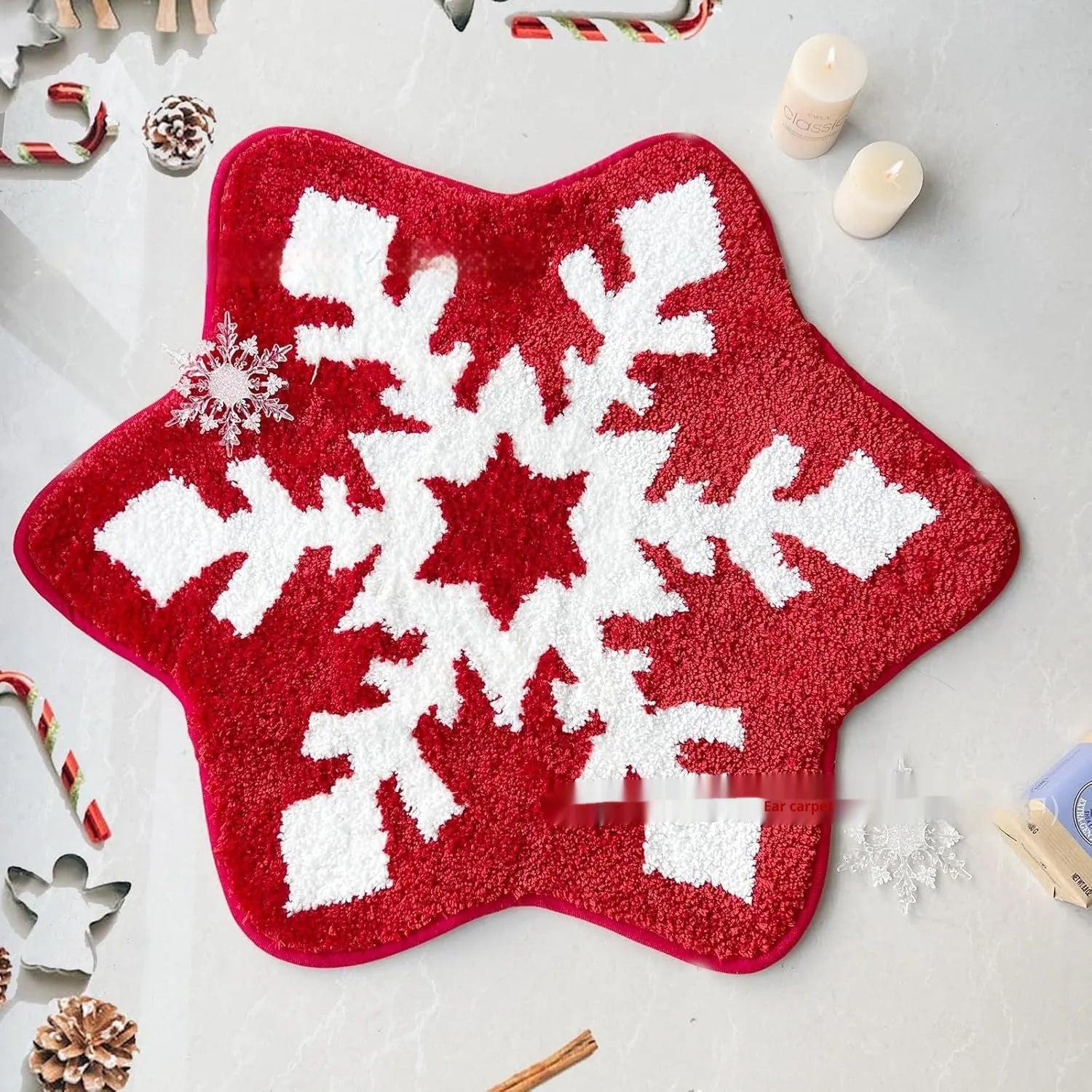 Round Christmas carpet with festive blanket design on floor beside holiday decorations