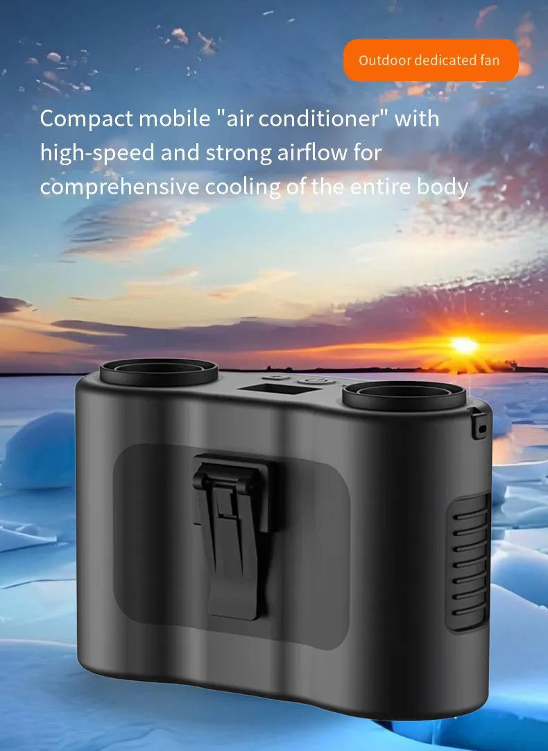 Black waist-hung portable fan showing lanyard attachment and top control button.