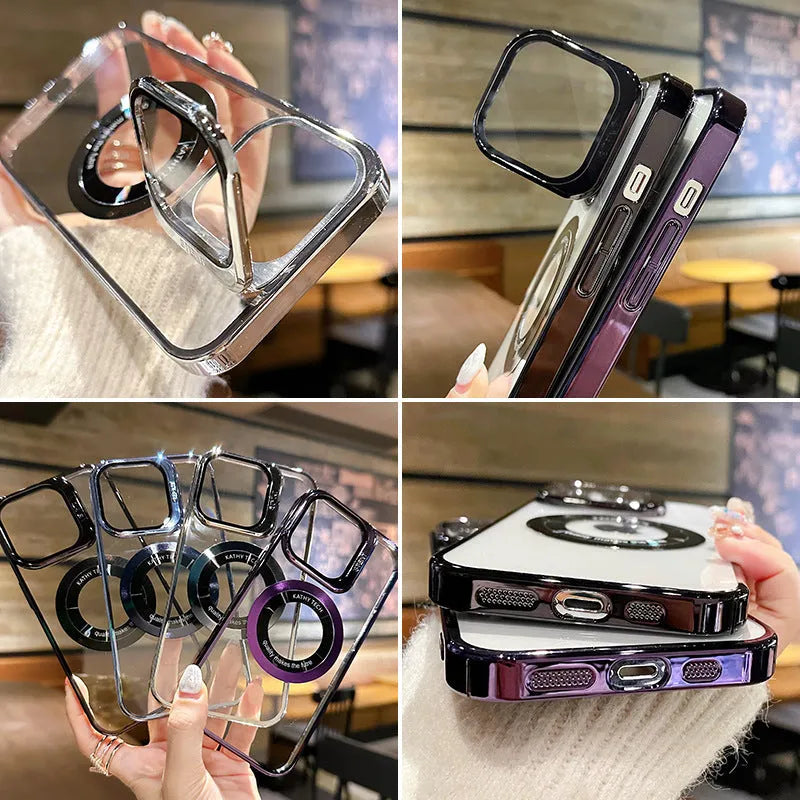 Magnetic iPhone case with exposed Apple logo in dark purple colour showing MagSafe compatibility