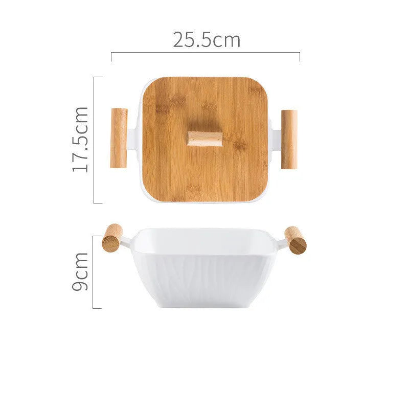 Irregular shaped porcelain ceramic bowl with lid in modern design for food service