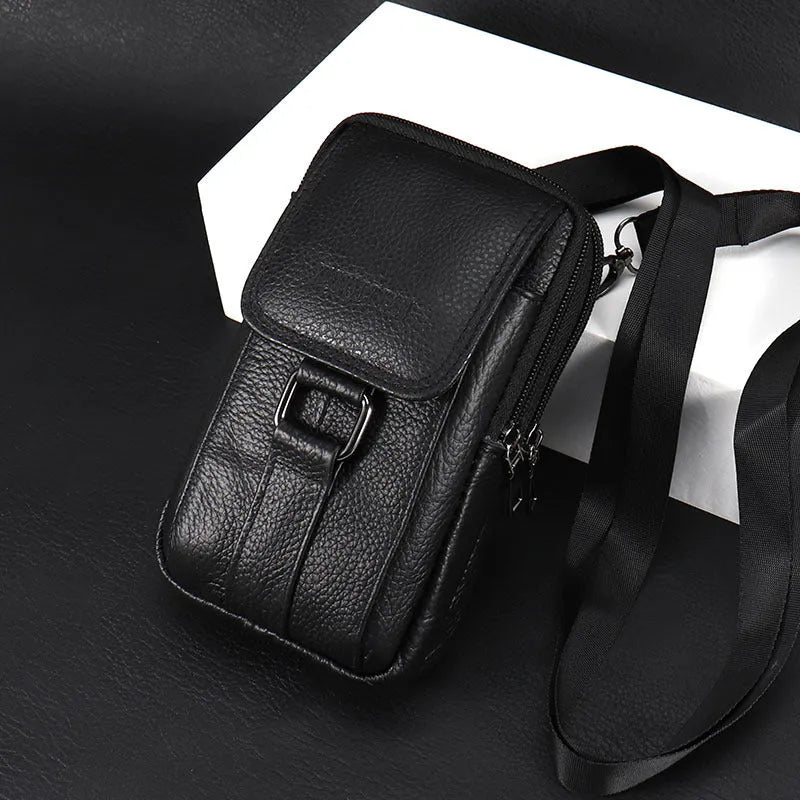 Genuine leather men's mobile phone waist bag in brown, square vertical shape with sewing line detail