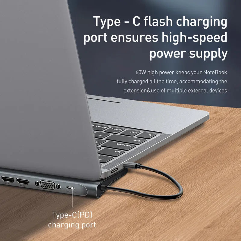 Black and grey aluminium USB-C hub docking station with ten ports and an integrated laptop cooling bracket.