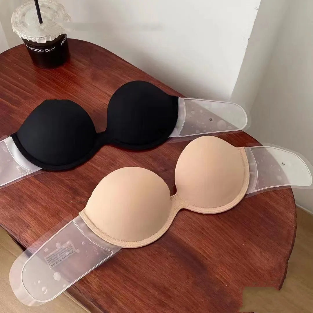 Strapless non-slip bra with steel ring, cotton cup, in black and skin colour, sizes A to D