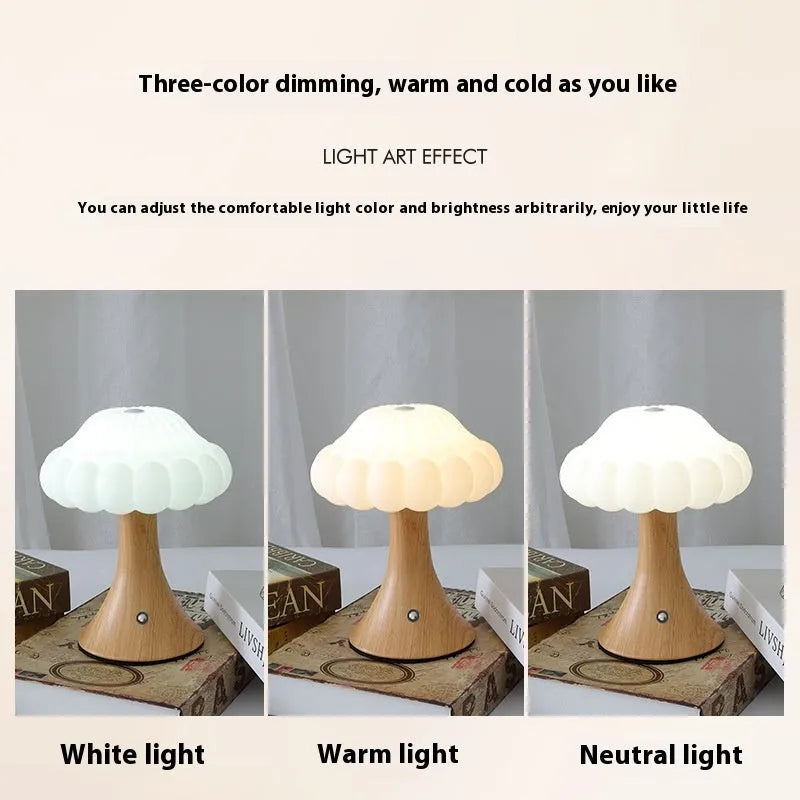 Wood grain finish mushroom-shaped touch night lamp on a table
