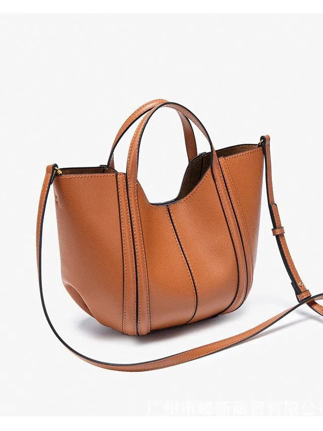 Bucket-textured PU vegetable basket tote bag for women with stitched seams, brown colour, single shoulder strap