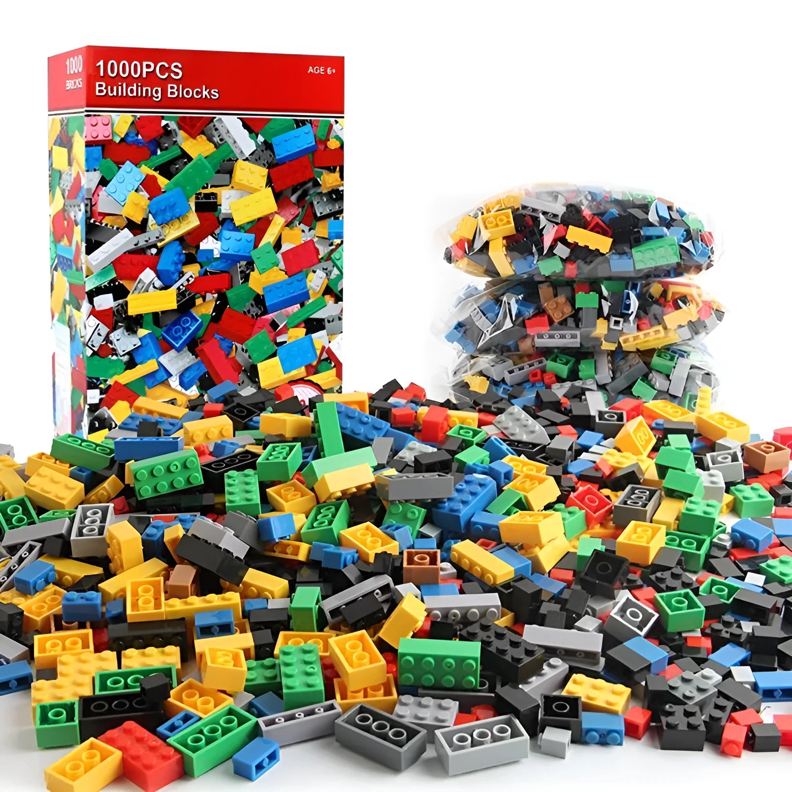 1000 red ABS plastic granular building blocks in a bulk box for creative construction play