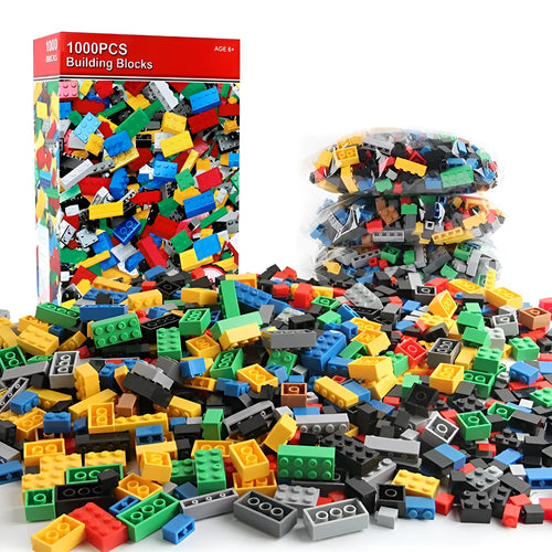 1000 red ABS plastic granular building blocks in a bulk box for creative construction play